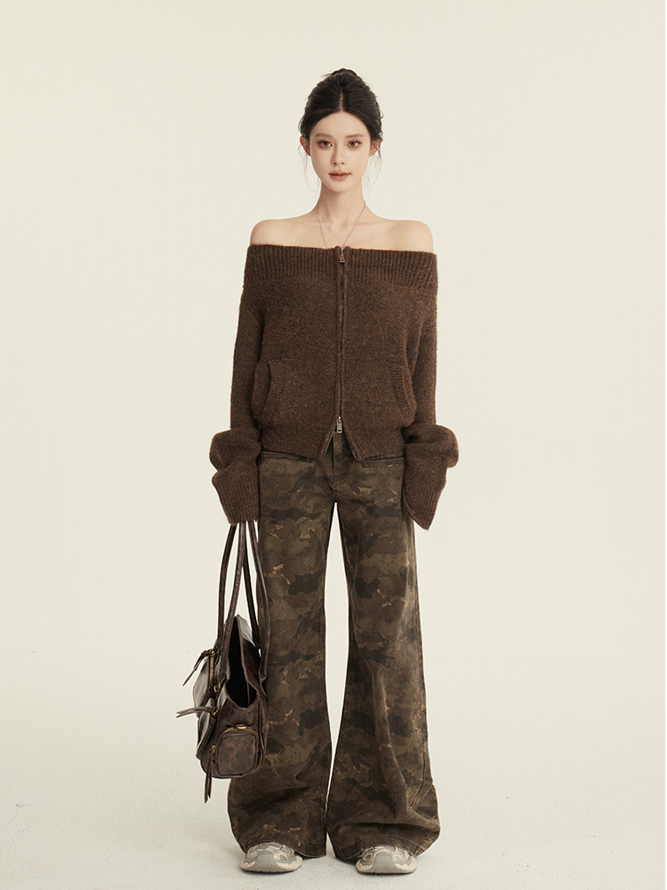 One-Shoulder Zipper Knitted Cardigan in Greek Aesthetics - Slimming Sweater Coat for Y2K and Korean Style Fashion