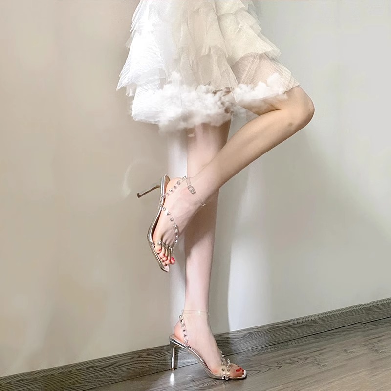 Open-Toe Silver Stiletto Heels for Women, 2023 Summer One-Strap Buckle Sexy Sandals, Square Head Thin Heel Fashion Footwear