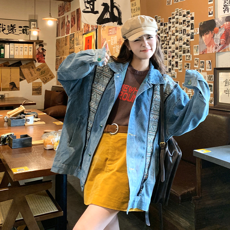 Oversized Blue Washed Patchwork Denim Jacket for Women – Retro American Style Zip Work Jacket