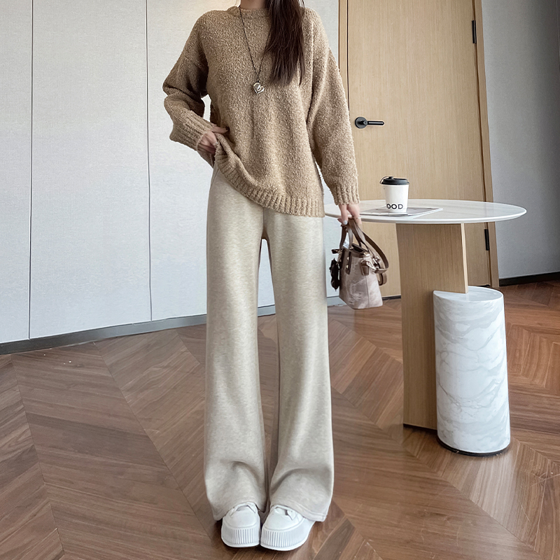 Petite Casual Rice Grain Flared Pants for Women - Plush Loose Straight Leg Ankle-Length Trousers for Autumn and Winter Fashion