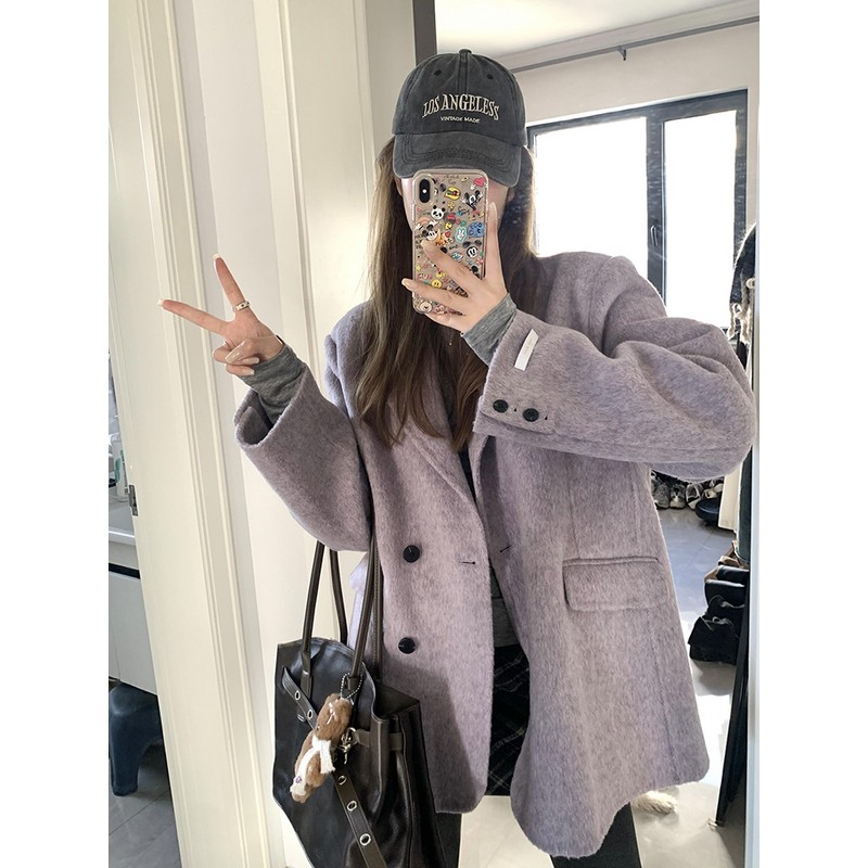 Petite Loose Fit Purple Woolen Suit Coat for Women - Stylish Short Length Cotton-Padded Overcoat for Winter 2025