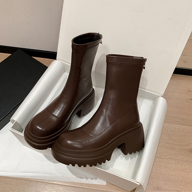 Petite Women's Waterproof High-Heeled Ankle Boots - Autumn/Winter Platform Style, Thick-Soled Elastic Design for Comfort