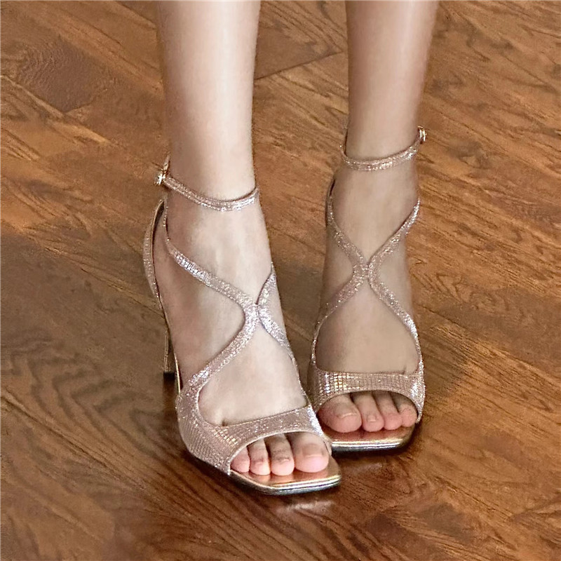 Pink Fish Mouth Sandals for Women - Square Toe Open-Toe Thin Heel Cross Sequined Summer High Heels 2024 - Sexy Temperament