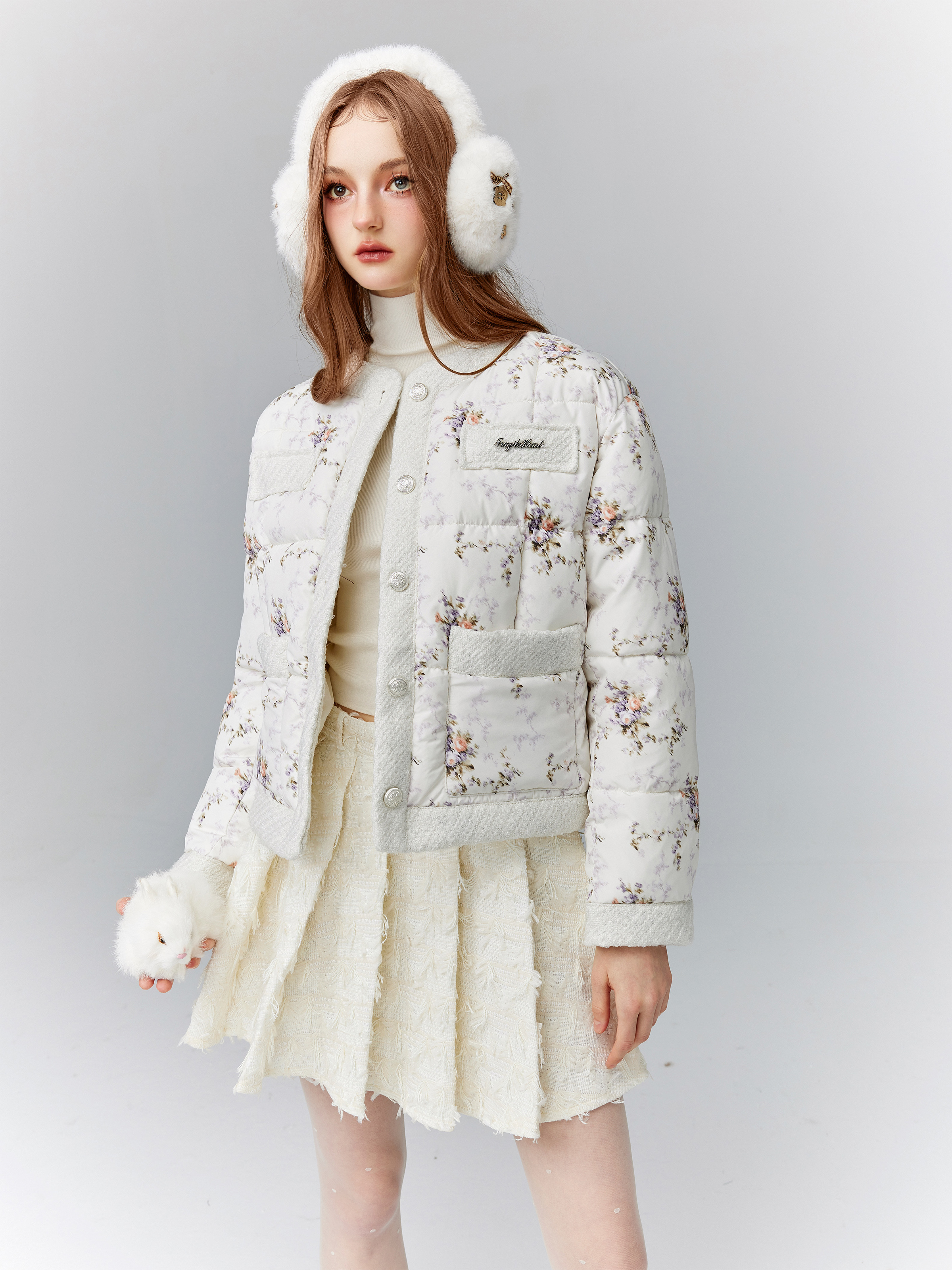 Pink Floral Snowfall Spliced Cotton Jacket - Winter Sweet Short Coat for Women - Cozy and Stylish Outerwear