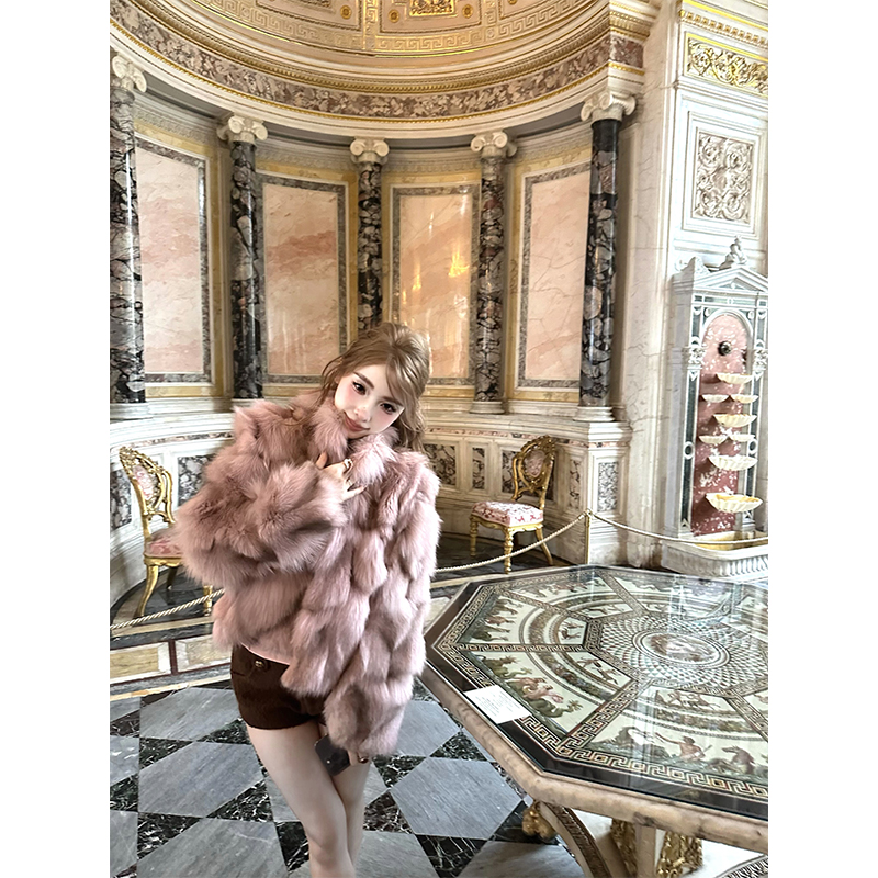 Pink Fox Fur Short Plush Coat for Women - Winter Fashion, Cozy Outerwear for Young Ladies, Chic and Stylish