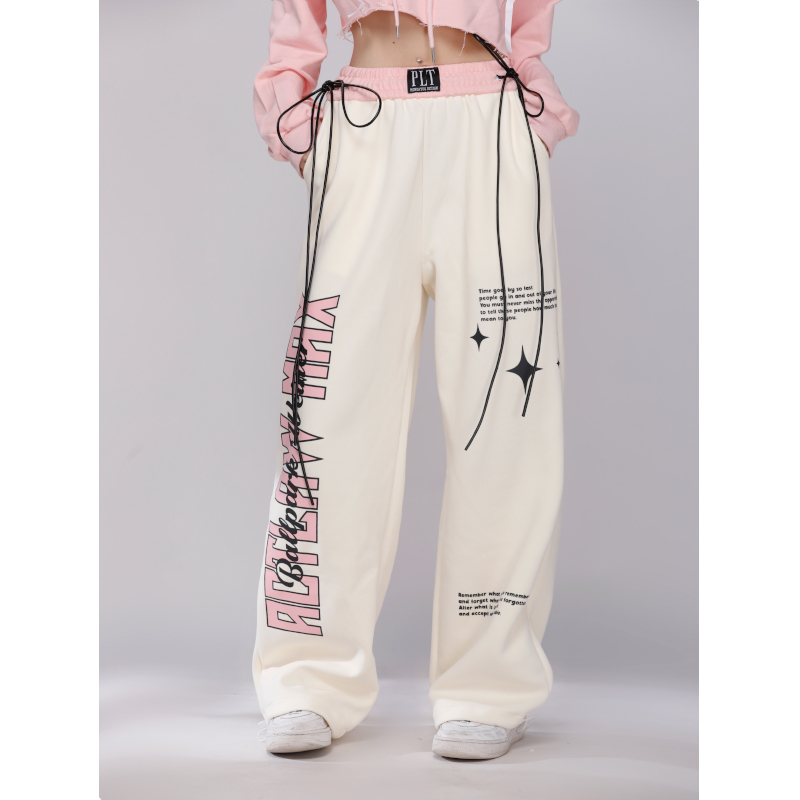 Pink Lettered Kpop Jazz Dance Sweatpants for Women - Casual Straight Fit Sports Pants for Autumn & Winter