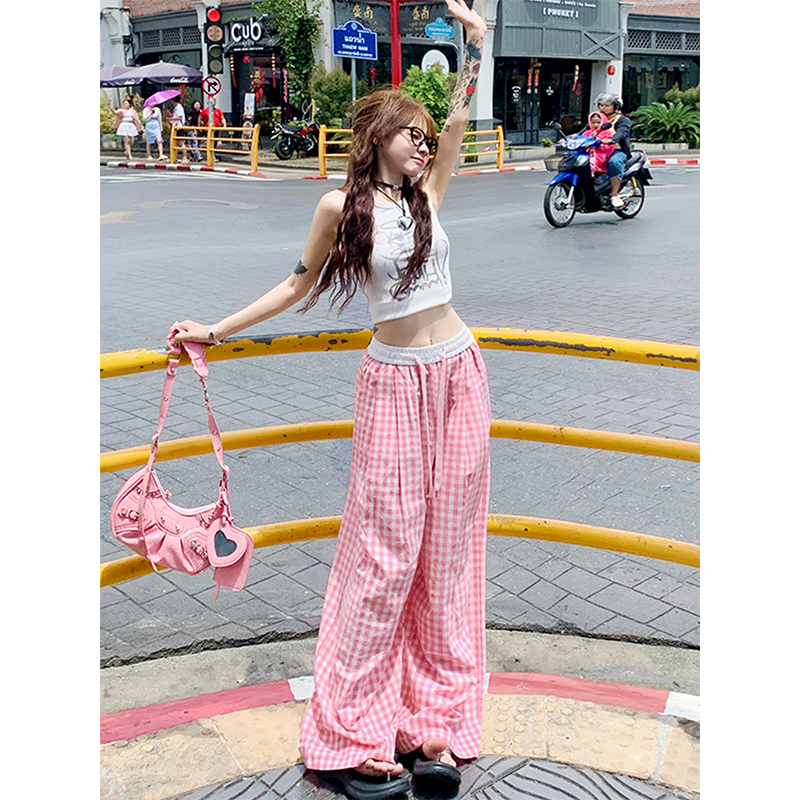 Pink Plaid Casual Summer Pants for Women, Straight-Leg Slim-Fit Wide-Leg Trousers, Trendy Colorful Dopamine Style