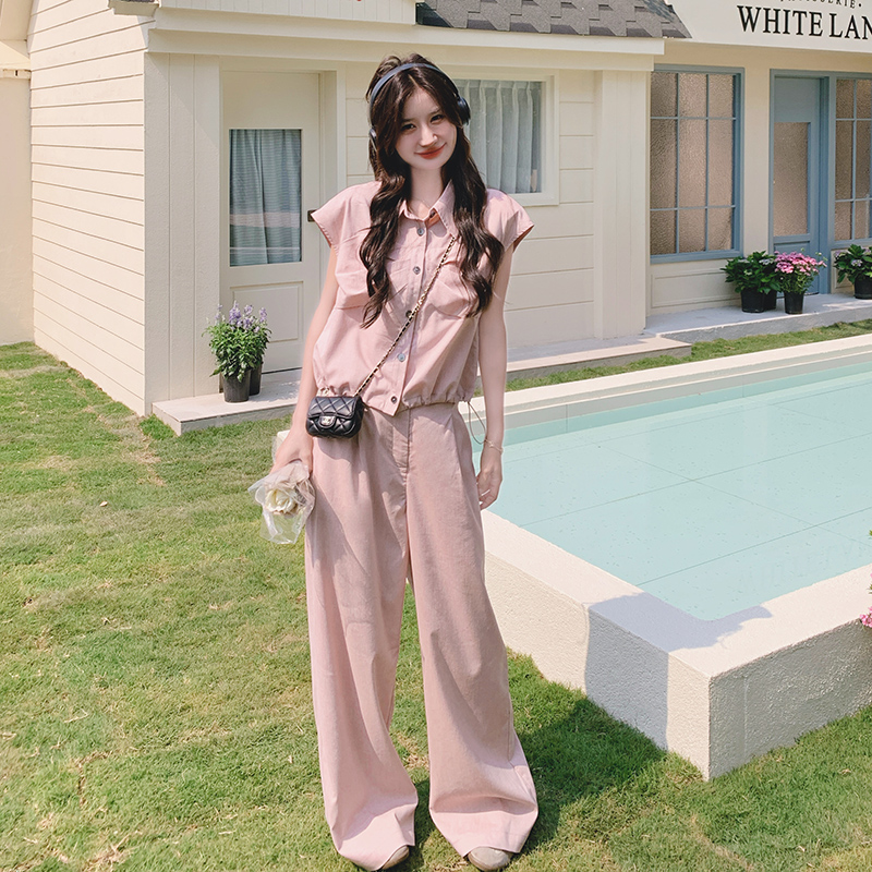 Pink Sleeveless Shirt and Wide-Leg Pants Two-Piece Set for Women - Casual Summer Outfit, Slim Fit Denim Style