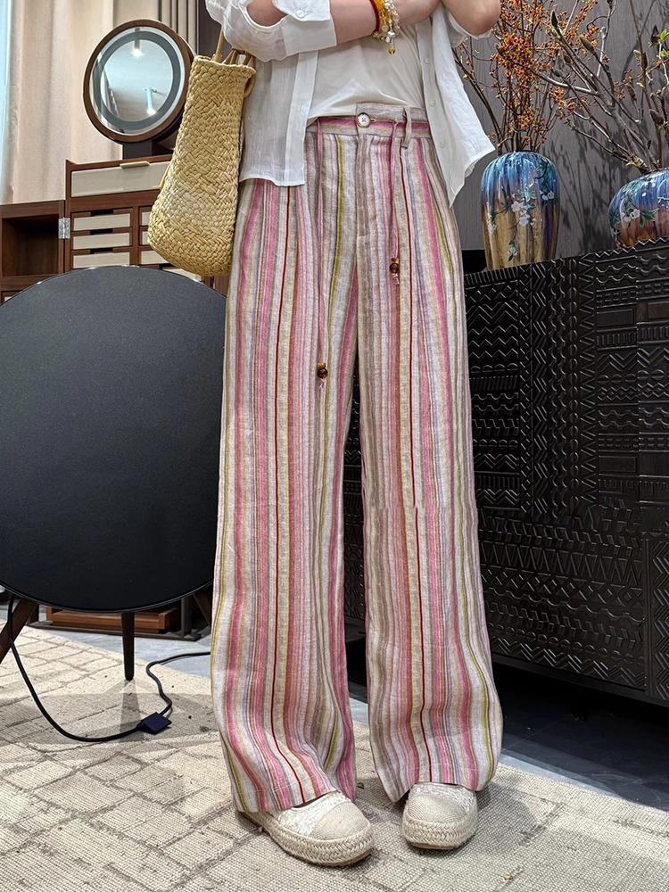 Pink Striped Casual Pants for Women - 2025 Summer Korean Style Loose Straight Trousers
