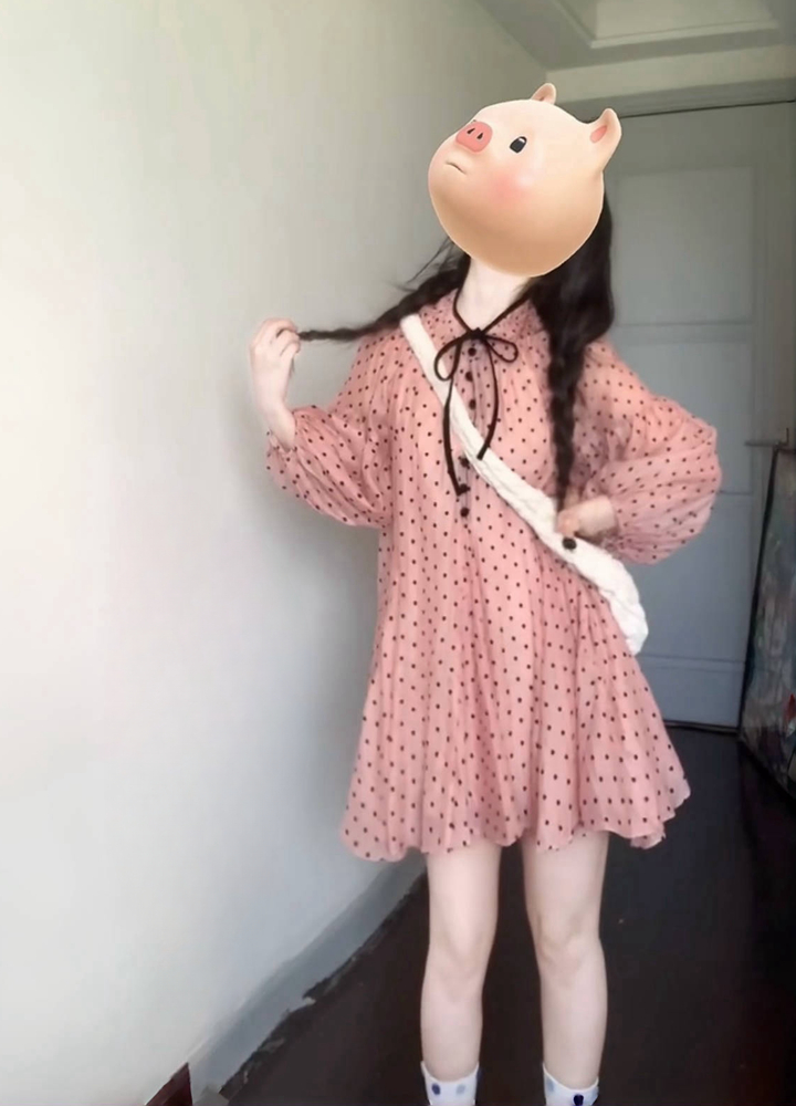 Pink Tencel Polka Dot Big Umbrella Dress for Women - Summer Elegant Loose Fit, Sweet Slimming Short Skirt, Petite Fashion