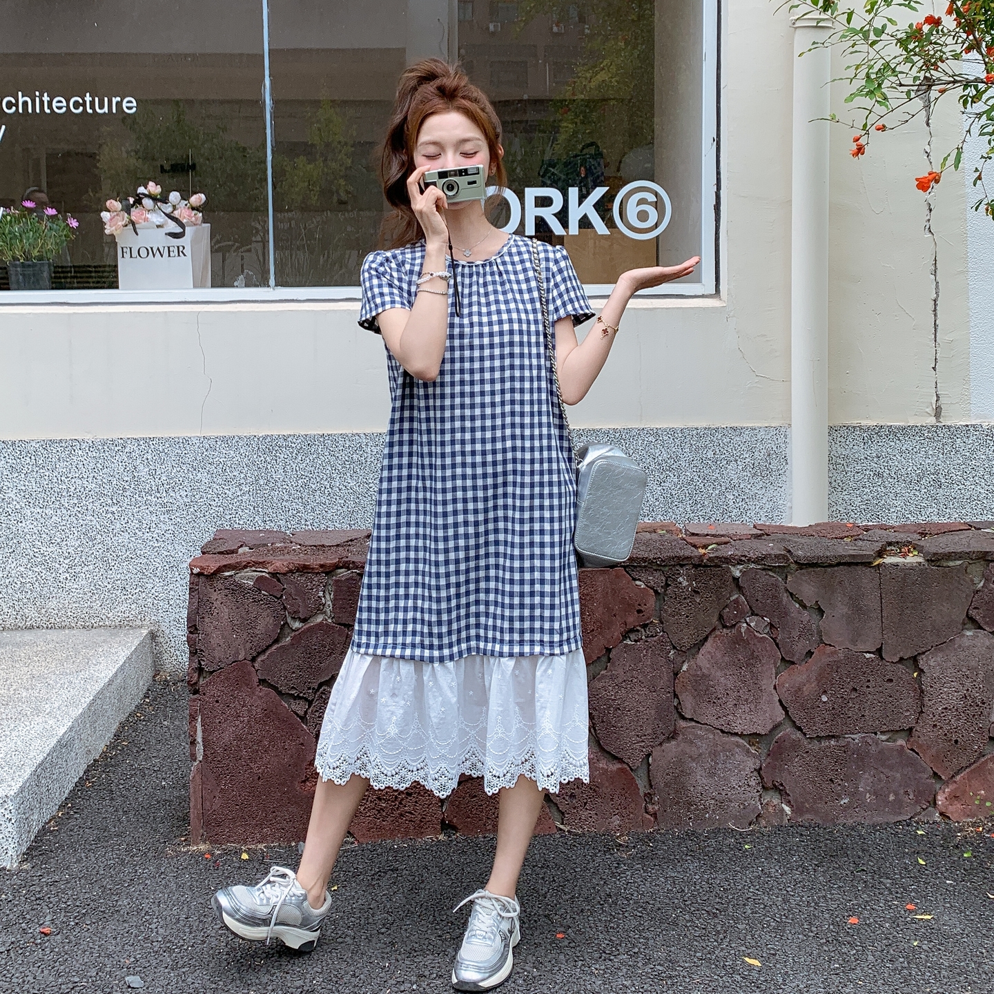 Plaid Petite Hooded Dress, Summer Casual Relaxed Japanese Style, Polo Collar Long Dress for Effortless Everyday Elegance