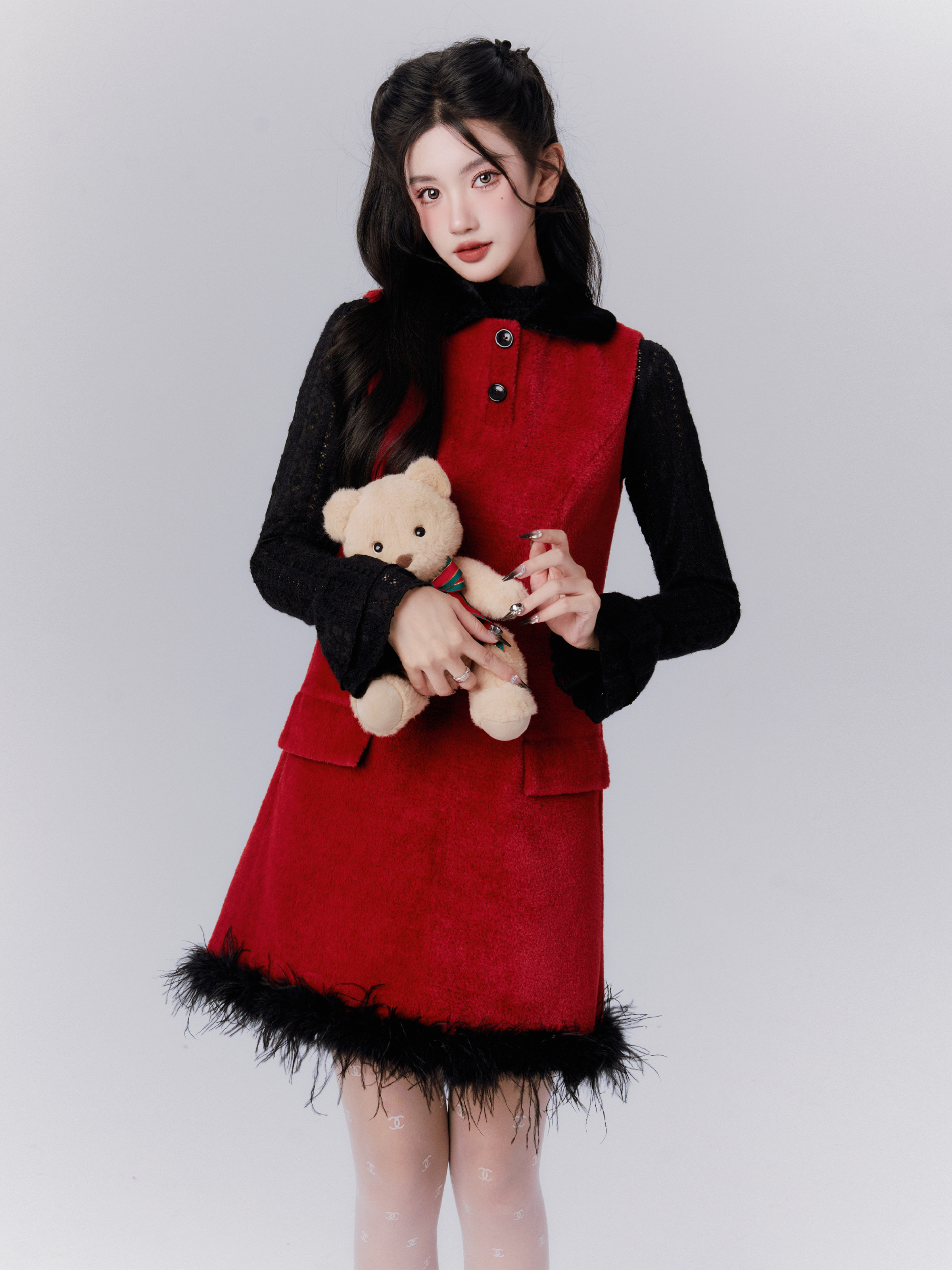 Playful Layered Vest Dress with Plush Inner, Runaway Elf Design, Perfect for 90s Y2K Style Fashion