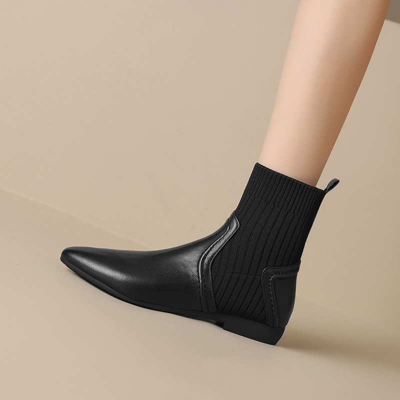 Pointed Toe Flat-Bottom Elastic Sock Boots - Low-Heeled Knitted Wool Short Martin Boots in Genuine Leather, Sizes 41-43