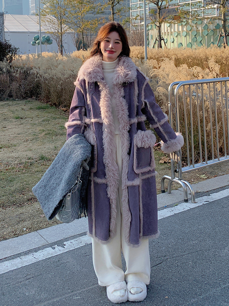 Purple High-End Faux Fur Lamb Wool Coat for Women - Vintage Loose Eco-Friendly Winter Overcoat 2024