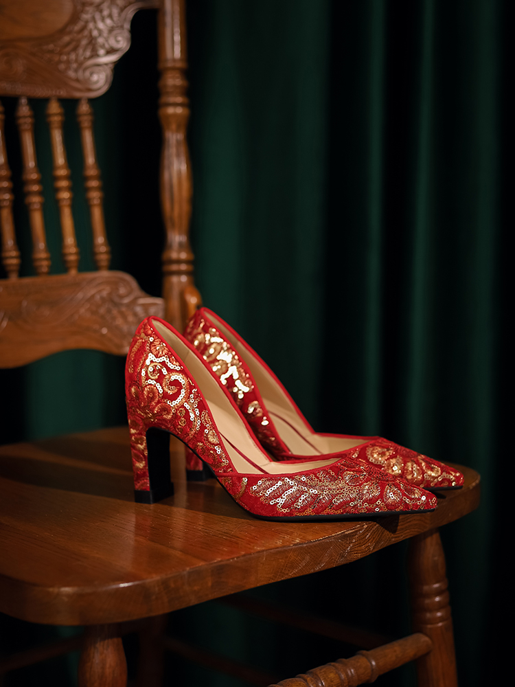 Red Chunky Heel Wedding Shoes for Chinese Bride - High-End Xiuhe Embroidered Qipao High Heels, Comfortable Design