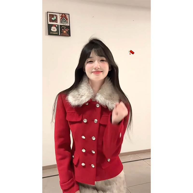 Red Lapel Double-Breasted Wool Coat with Waist-Cinching Design & Low-Waist Plush Skirt - Chic 90s Inspired Fashion Set