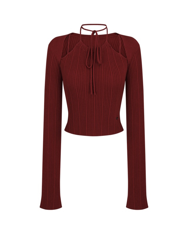Red Long-Sleeve Knitted Top for Women - Slim Fit, 2024 Autumn/Winter Fashion Essential