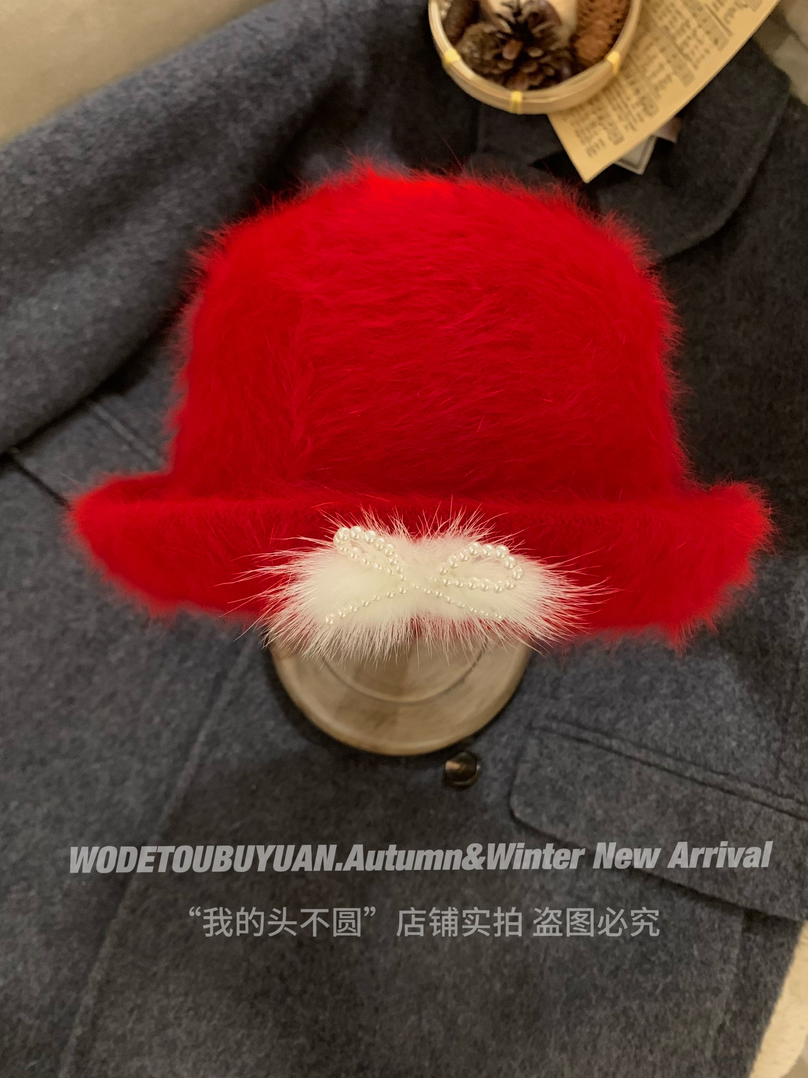Red Plush Fisherman's Bucket Hat for Women - 2024 Autumn Winter Style, Small Face Gift, Trendy Fashion Accessory