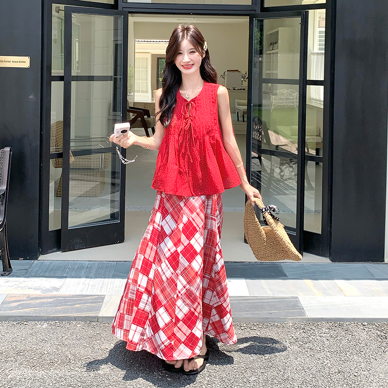 Red Polka Dot Chiffon Shirt and Floral Skirt Set for Women - Summer 2025 Vacation Style Two-Piece Outfit, Trendy Casual Wear