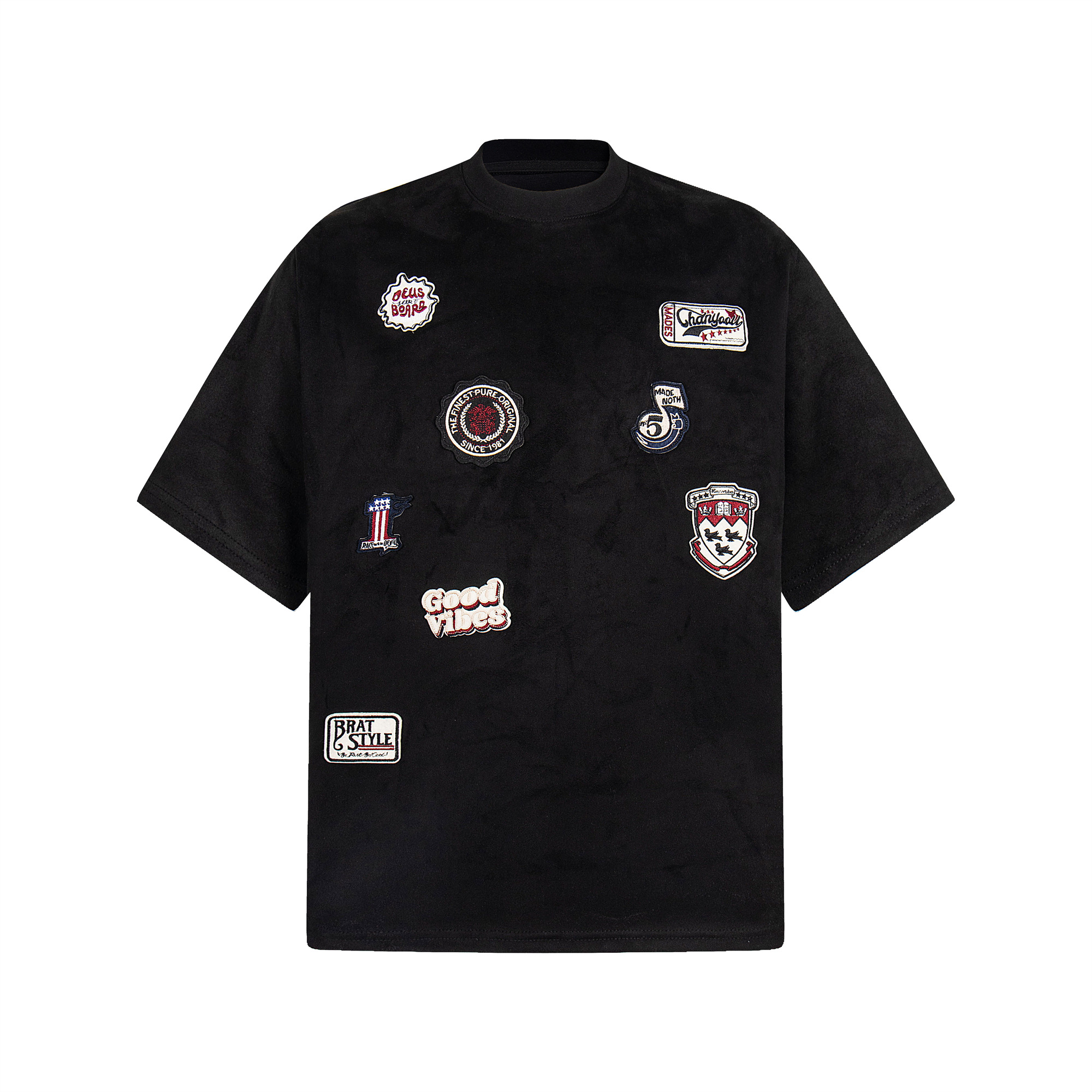 Retro American Badge Embroidered Suede Short-Sleeve Unisex T-Shirt - Summer Street Style, Loose Fit Heavyweight Tee
