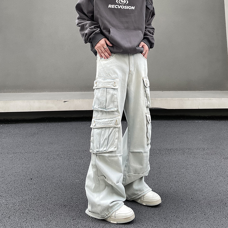 Retro American High Street Multi-Pocket Workwear Washed Denim Pants for Men - Trendy Wide-Leg Loose Slimming Trousers
