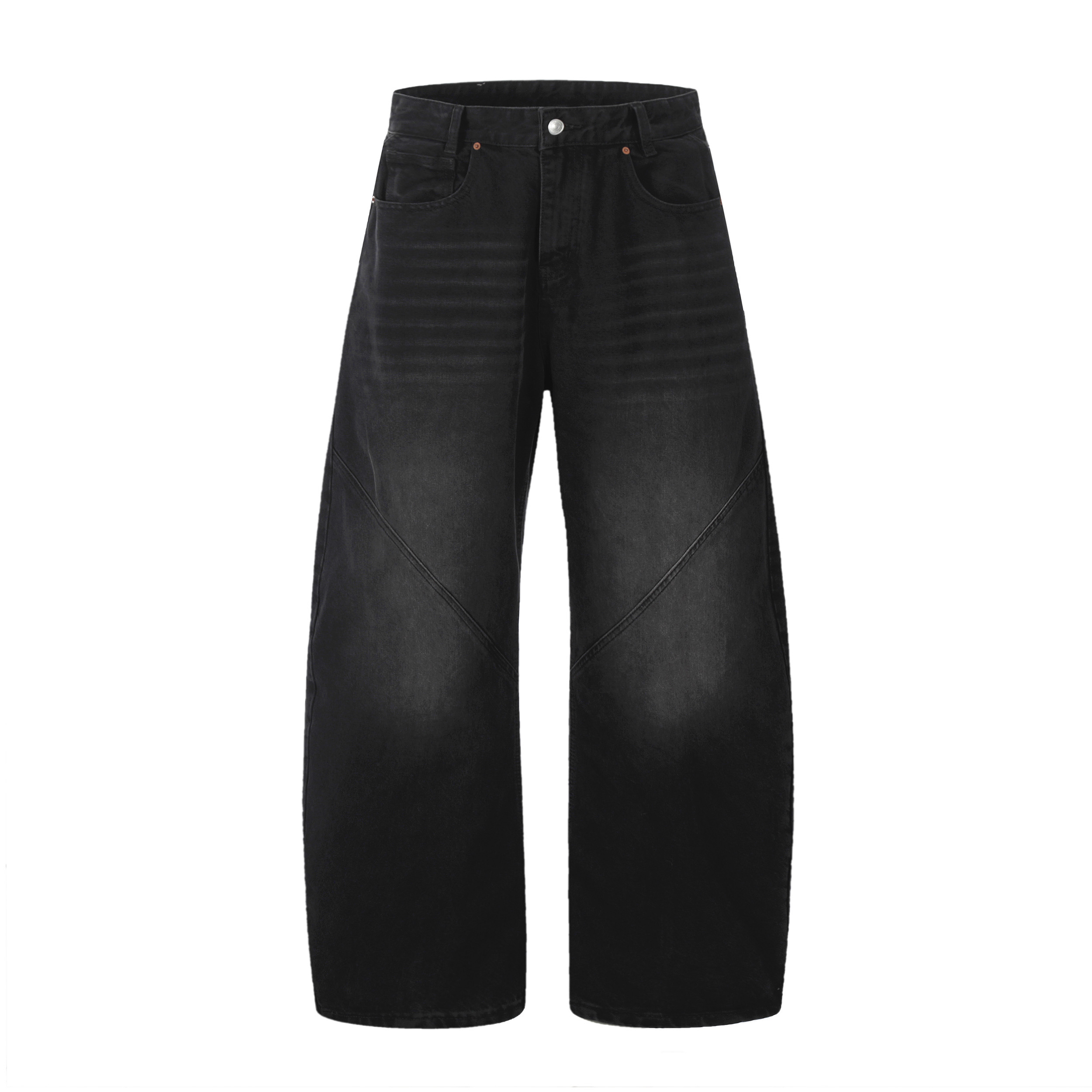 Retro American Wide-Leg Floor-Length Jeans in Distressed Black - Water-Washed Curved Blade Design for Street Style