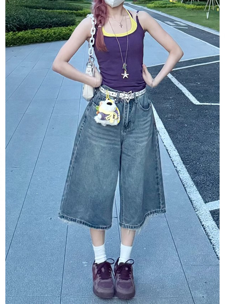 Retro Blue Wide-Leg Denim Shorts for Women - Summer Loose Fit Slimming Mid-Length Straight-Cut Fashionable Versatile Three-Quarter Pants