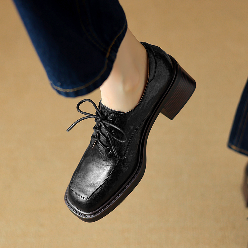 Retro British Style Leather Loafers for Women, Lace-Up, Square Toe, Chunky Heel, Sheepskin, Versatile Autumn Footwear