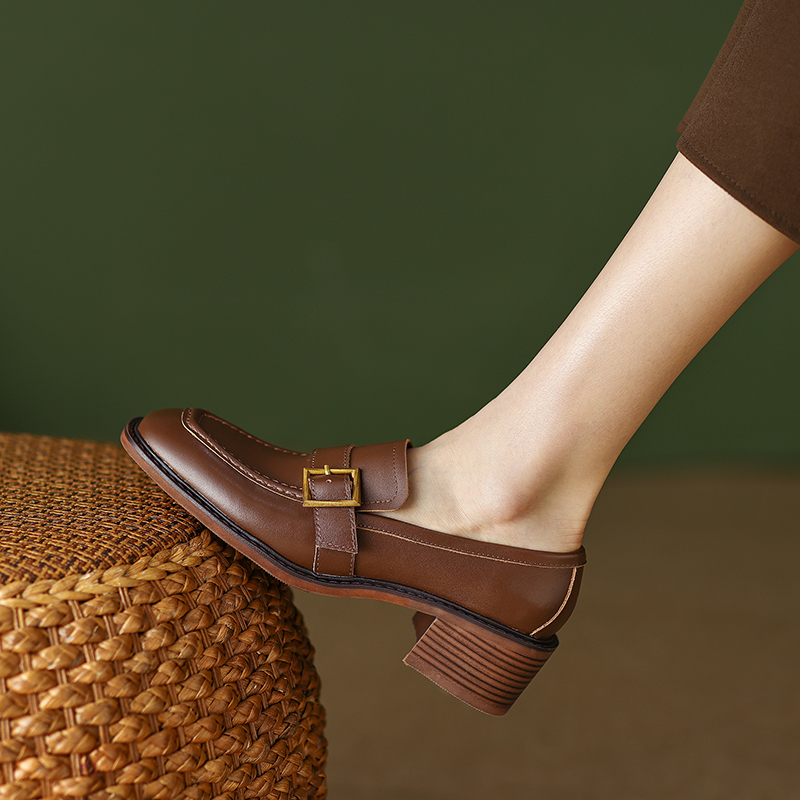 Retro British Style Women's Leather Loafers, Chunky Heel, Square Toe, Belt Buckle, Slip-On, Genuine Leather, Vintage Fashion