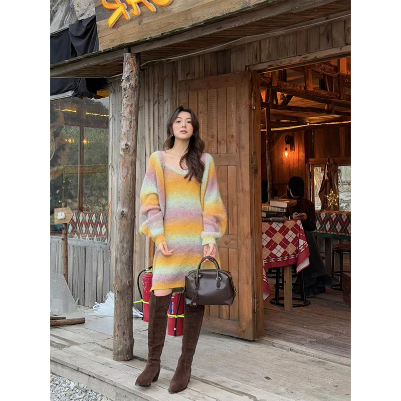 Retro Chen Daitui Knitted Cardigan and Cami Dress Set - Chic 90s Style Layering Outfit
