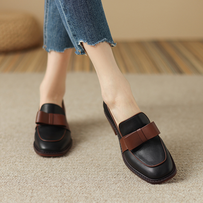 Retro Chunky Heel Slip-On Loafers for Women, Genuine Leather Square Toe Bowknot Flats, 2025 British Style Fashion Shoes