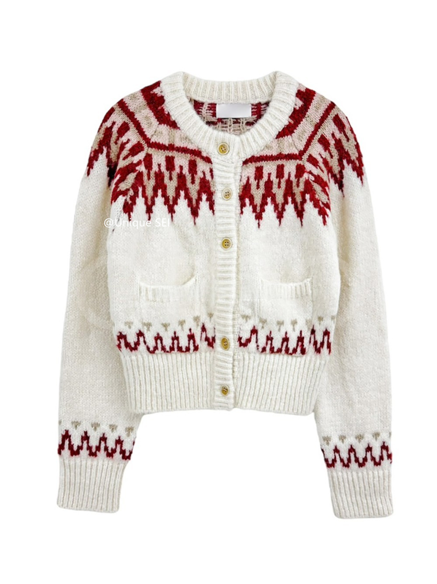 Retro Color-Block Pop Art Pattern Button-Up Knitted Cardigan for Winter - Versatile Round Neck Casual Style