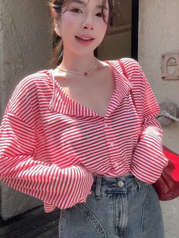 Retro Color-Blocked Striped V-Neck Long Sleeve Sun Protection T-Shirt for Women - Loose Casual Cardigan Top for Spring/Summer