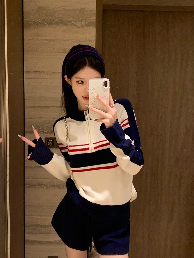 Retro Color-Blocking Striped Half-Zip Knitted Sweater Set for Fantasy Adventure Style, Perfect for Y2K and 90s Aesthetic