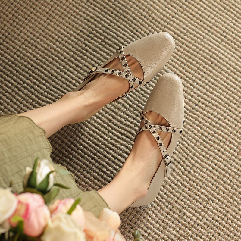 Retro Cross Strap Mary Jane Shoes for Women - Flat Square Toe, Shallow Mouth, Genuine Leather Soft Sole, Size 40