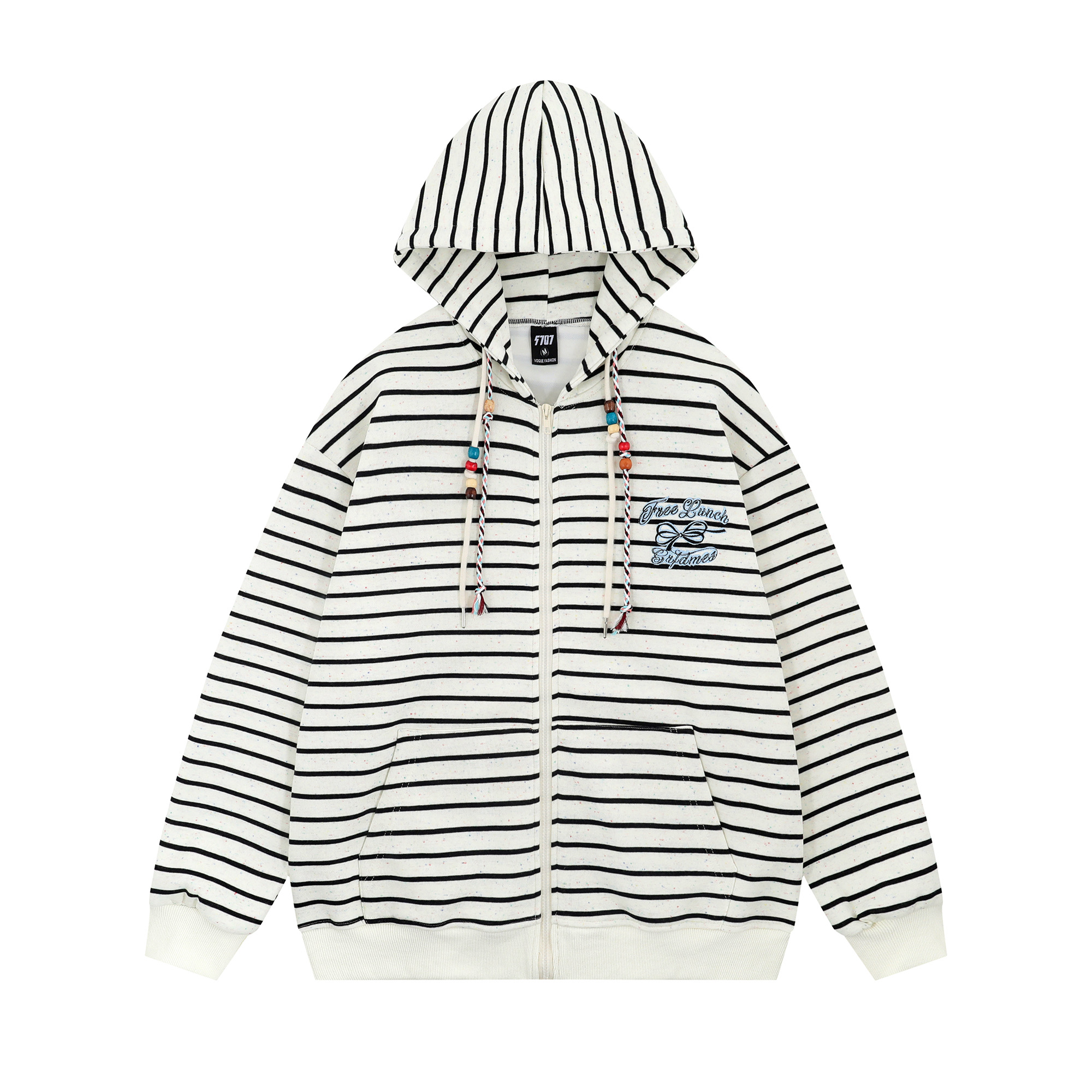 Retro Ethnic Style Hooded Sweatshirt with Drawstring, Striped Zip-Up Cardigan, Casual Spring Jacket for Women