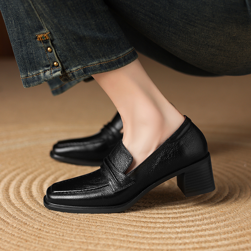 Retro Genuine Leather Square Toe Chunky Heel Loafers for Women - British Style Slip-On Mid-Heel Shoes, Sizes 41-43