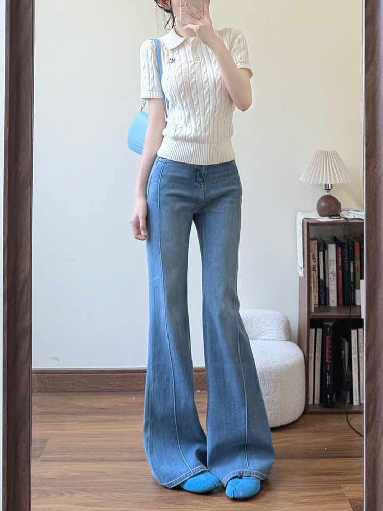 Retro High-Waisted Flared Jeans for Women - Loose Fit, Stretchy Wide-Leg Summer Style, 90s Inspired Slim Straight Pants