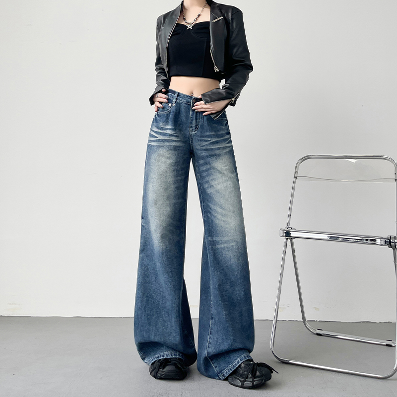 Retro High-Waisted Wide-Leg Jeans for Women, Loose Fit Casual Straight-Leg Pants, 2025 Spring Style, Floor-Length Fashion