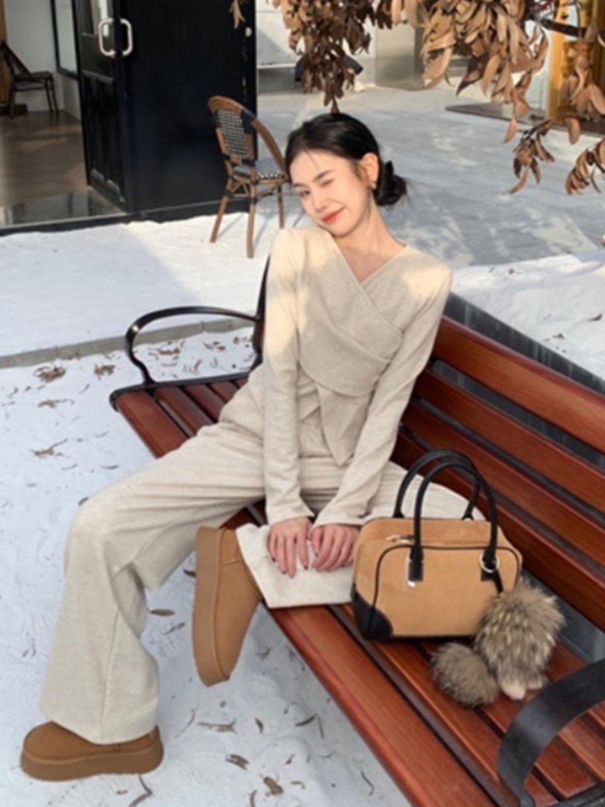 Retro Irregular Long Sleeve Top & Slim Fit Wide Leg Pants Two-Piece Set for Women - Casual Autumn Winter Outfit