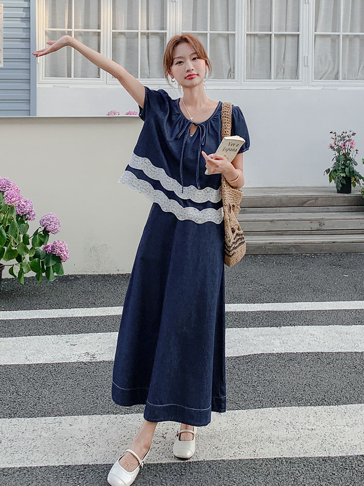 Retro Lace Trim Denim Two-Piece Skirt Set for Women - Unique Summer Style 2025, Vintage-Inspired Fashion