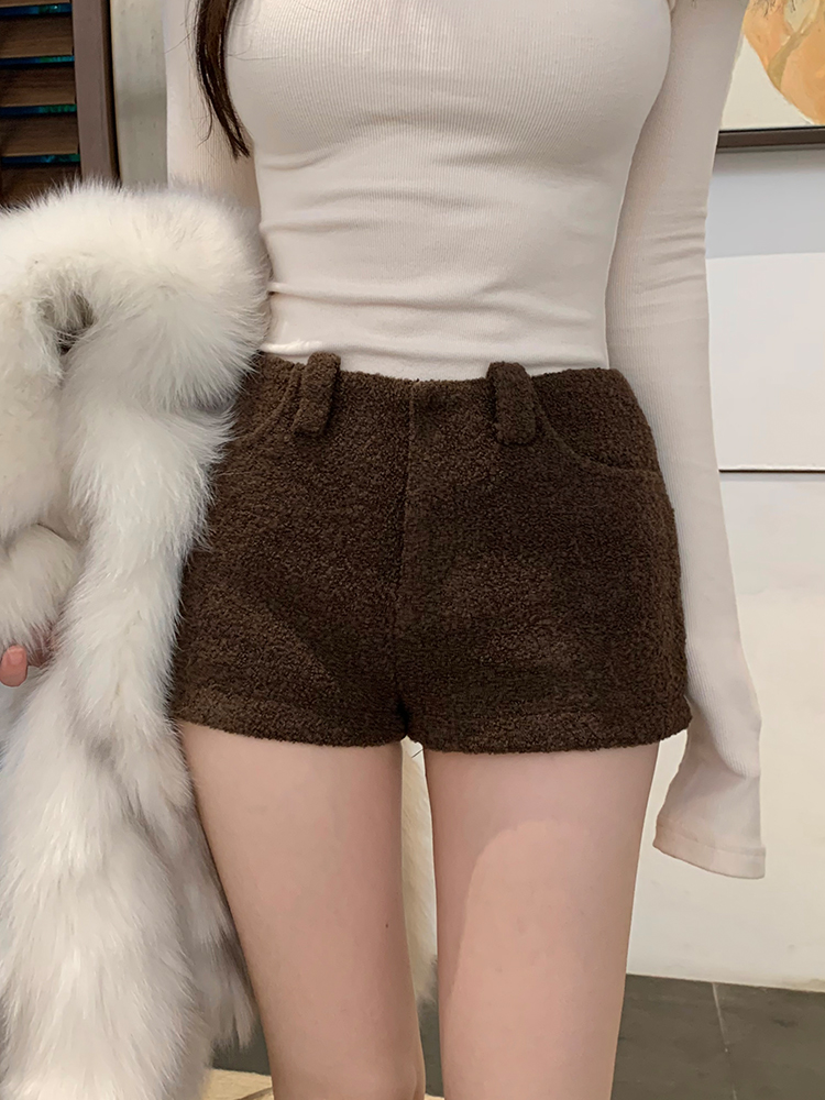 Retro Low-Waist Woolen Shorts for Women - Autumn Winter Slim Fit Casual Pants - Y2K Style Fashion