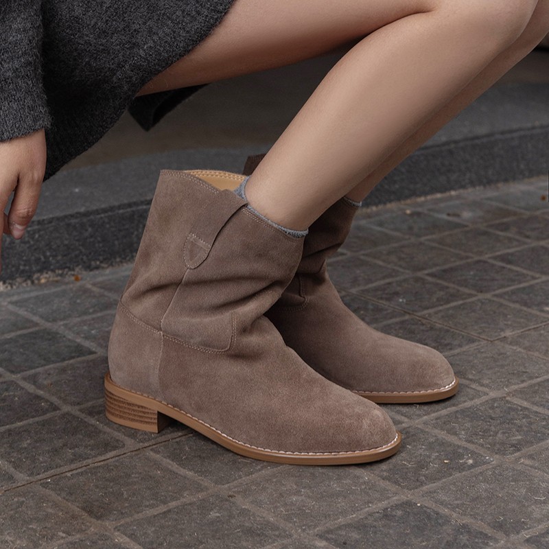 Retro Matte Suede Western Short Boots for Women, Chunky Heel, Round Toe, Slip-On Riding Boots, Trendy Y2K Style