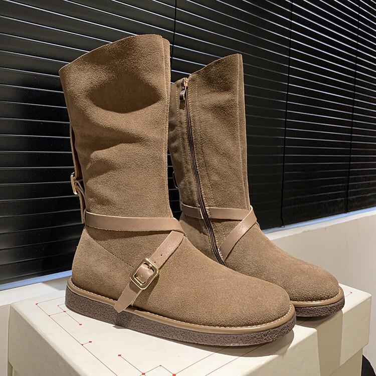 Retro Mid-Calf Flat Suede Leather Riding Boots with Round Toe and Belt Buckle - Versatile Cowboy Style Footwear