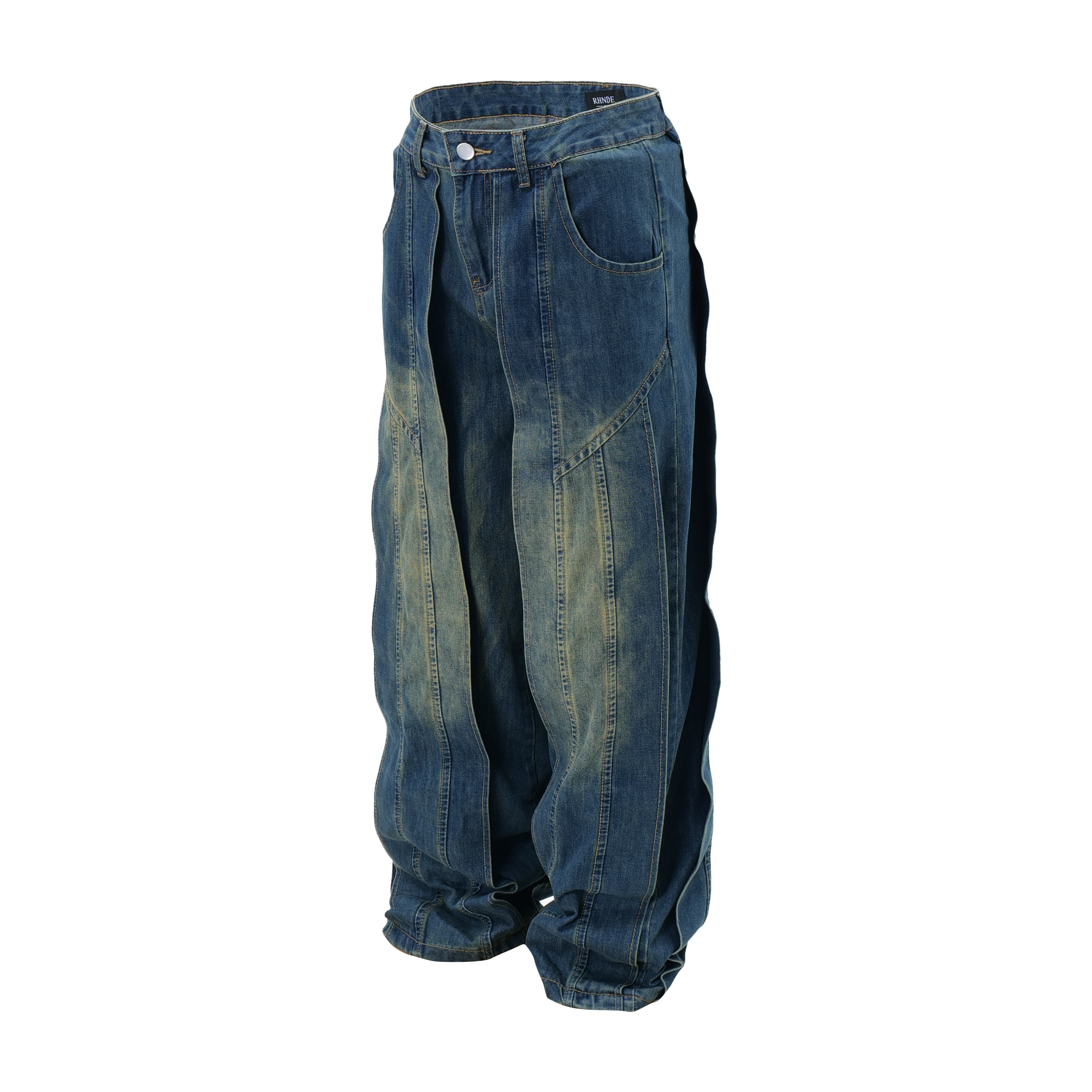 Retro Patchwork Distressed Denim Pants for Unisex - Loose Wide-Leg Trousers in American Style, Niche Design for 90s Aesthetic