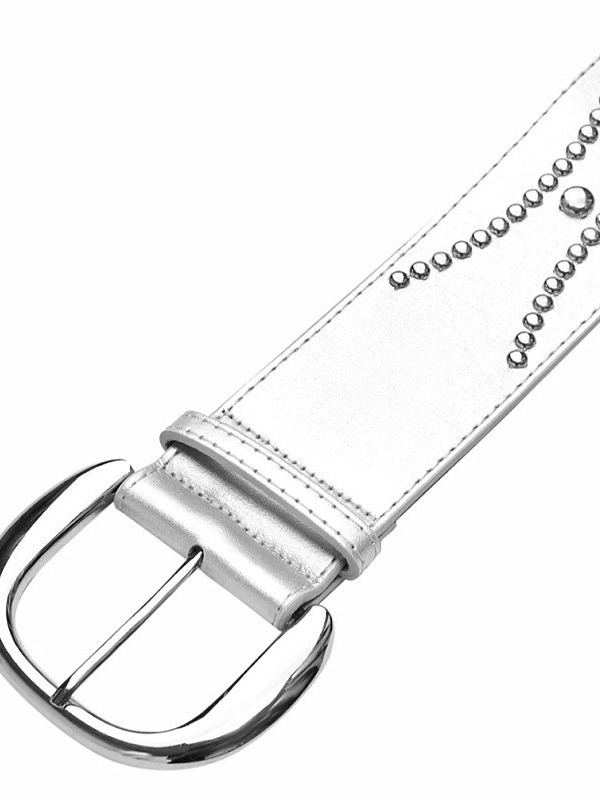 Retro Personality Distressed Leather Punk Style Wide Belt with Studs - Silver Hot Girl Fashion Accessory