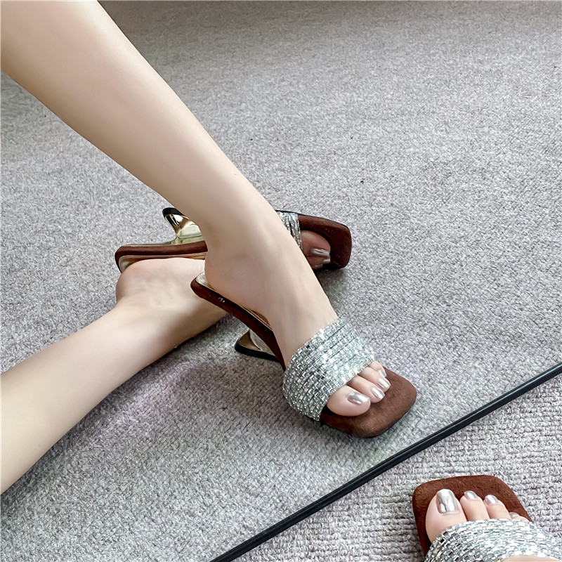 Retro Rhinestone High-Heeled Shoes for Women - Square-Toe Wedge Sandals, Elegant One-Strap Flip-Flops for Summer 2025
