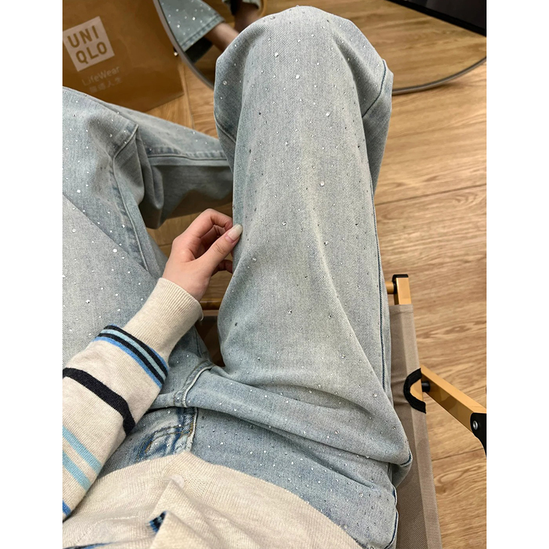 Retro Rhinestone Wide-Leg Jeans for Women - High-Waisted, Loose-Fit, Slim Straight-Leg Spring 2025 Fashion