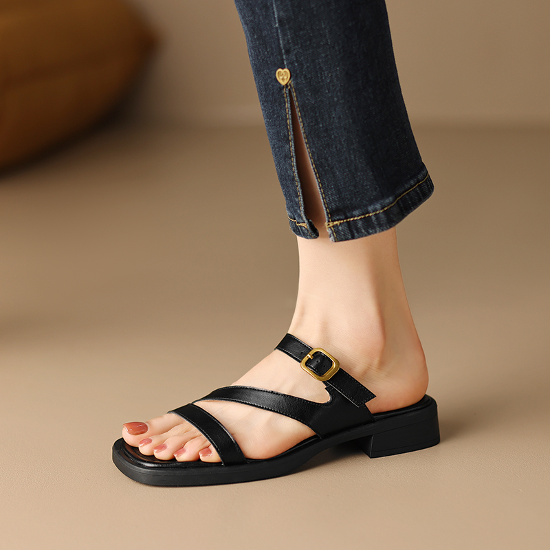 Retro Roman Style Women's Sandals - Summer Square Toe Open Toe Low Heel Genuine Leather Slides, Sizes 41-43