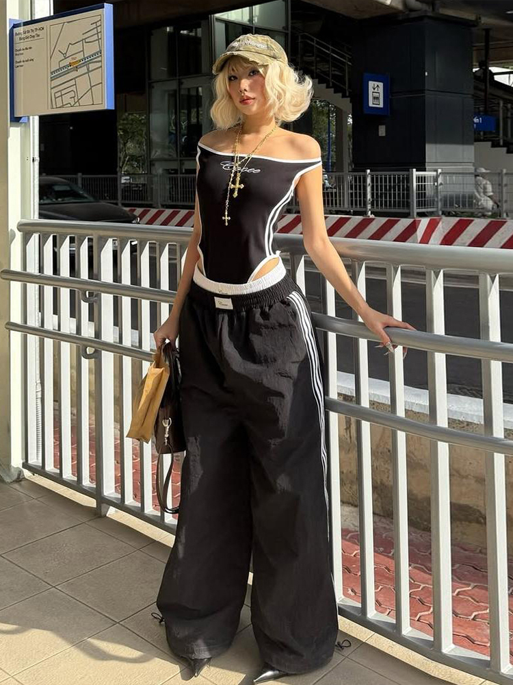 Retro Striped Embroidered Cami Jumpsuit Two-Piece Set for Women - Loose Wide-Leg Pants, Y2K Street Style